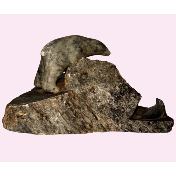 Ben Saclamana Original art sculpture Inuit Soapstone large Bear Seal Carving aut - Picture 9 of 16